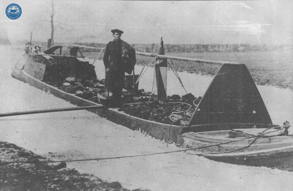 Ashby Canal. A Horse boat trapped by ice during the severe winter of 1929