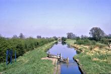 Ashby Canal. View of stop lock from Marston Junction Bridge.17 April 1967