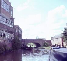 Britannia Mill on left, above Atherstone Top Lock, Coventry Canal, 1993