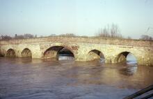 Downstream side of Pershore Old Bridge in flood.March 1993