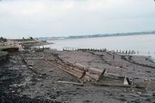 Lydney foreshore, boat graveyard. August 1979