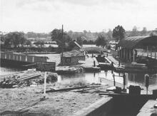 Looking down Narrowboat Locks from Bridge 2, 'Upper Severn' Stourport, 7 April 1964