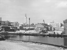 Timber yard on offside between Salvage Turn and Holiday Street aqueduct, approaching Worcester Bar, 9 September 1966