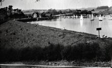 Bittell Upper Reservoir and dam; view to boat house. 02/05/71
