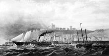 Dover Harbour. SER Cross-channel paddle steamer heading out to in a rough sea - Painting (Ref: 031187)