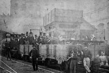 1862 - Metropolitan Railway. Dignitaries, including the Prince of Wales, Lord Derby and William Gladstone, on a preview trip 24 May 1862. (Ref: 011368)