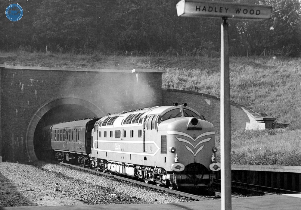 Deltic prototype DP1 at speed emerging from Hadley Wood South tunnel 1959 (ECM1 @ 10:46) (Ref: 010697)