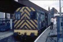 017145  08778 BR diesel electric shunter Class 08 08778. Worcester Shrub Hill 23 April 1983