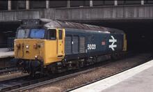 017158  50021 BR diesel electric loco Class 50 50021 “Rodney”. Birmingham New Street  25 May 1983