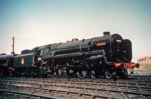 BR Standard Class 6P 4-6-2 No 72003 "Clan Fraser" in ex--works condition at Glasgow St Rollox shed. January 1956