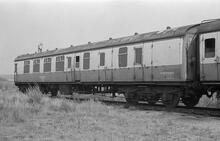 012083  Rugby (LEC1 @ approx 82m 50ch). BR Research Department Pantograph Development Coach RDB975223 QXV. 8 August 1975 (Ref: 012083)