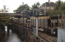 017348  Byrons Lane bridge and River Bollin + engineer's train. Macclesfield August/September 1993