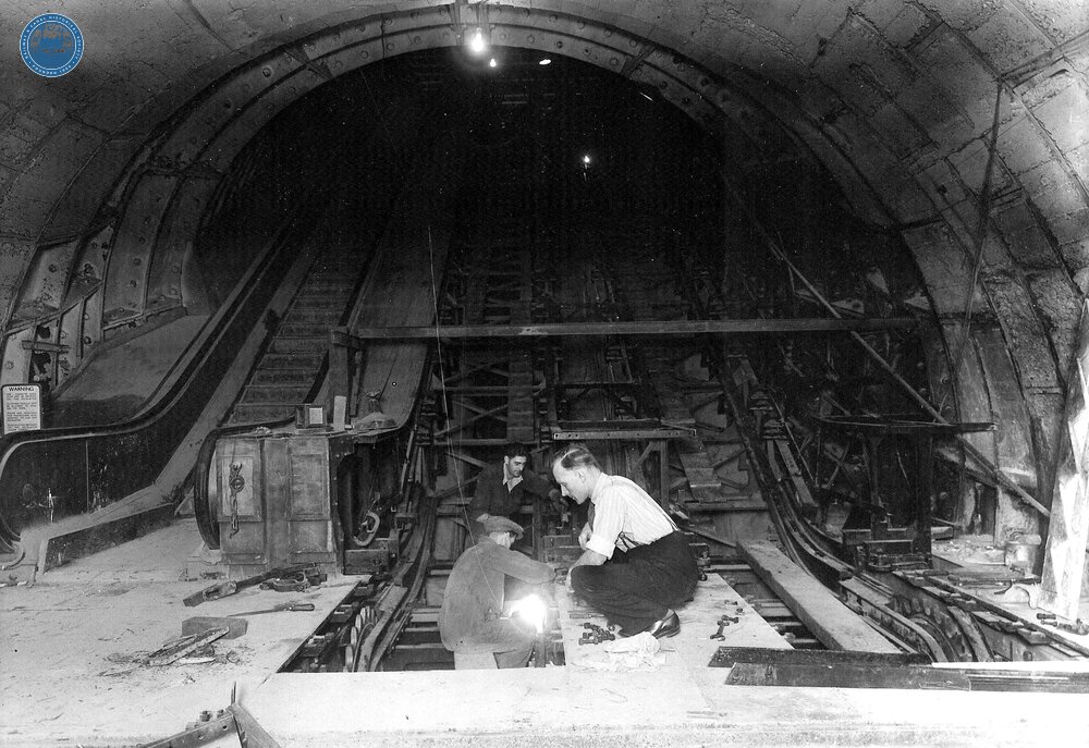Central Line. Construction of escalators on the 1940s extension. (Ref: 031174)