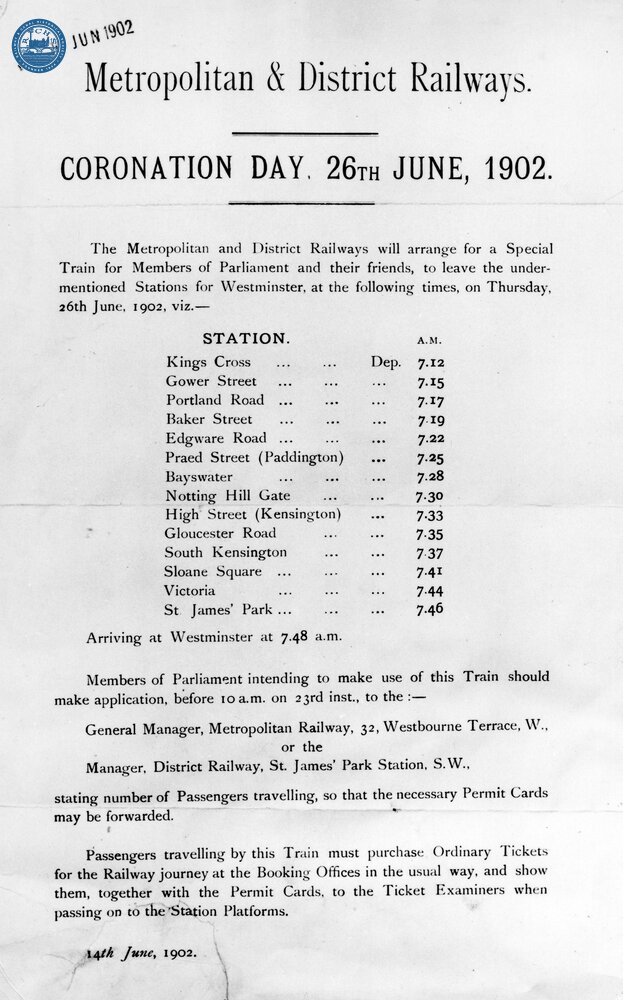 Metropolitan and District Railways. Notice of Special Train for MPs on Coronation Day 26 June 1902. (Ref: 031777)