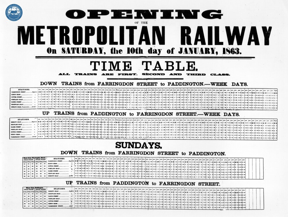 Metropolitan Railway. Timetable from opening of the line on 10th January 1863. (Ref: 031701)