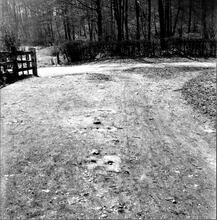 Riddings Tramroad (2). Nottingham Lane. Close-up view, looking South towards level crossing and showing stone sleeper blocks. 13 April 1947