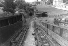 Dinorwic Quarries Railway. 2'-gauge incline down to the port. Looking down the incline to the tunnel. 15 August 1963