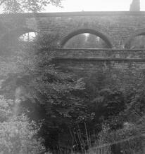 Ruabon Brook Tramway. Abernant. Tramway bridge across Trefynant Brook, with later GWR bridge behind.  24 September 1949 (7a)