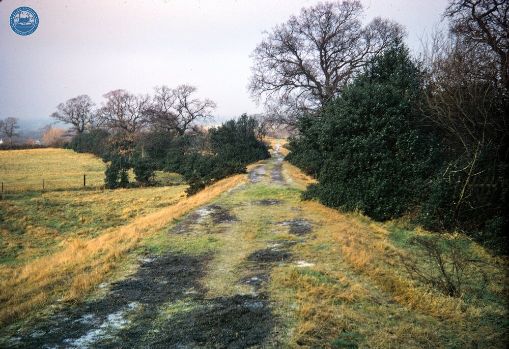 Adlington 'train road', looking north from south of the break in the embankment. 28 December 1969