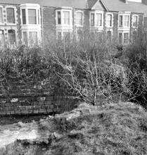 Taibach Tramroad. Abutments of former tramroad bridge over the River Ffrwdwyllt at the east end of Park View. Detail. April 1963 (2a)