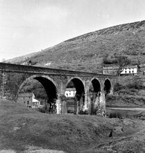 Pont-Rhyd-y-Fen aqueduct & viaduct, Oblique view over viaduct  along road.  April 1963. Grid ref: 796940