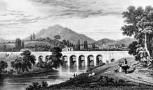 Llanfihangel Railway. Abergavenny. Tramroad bridge over river Usk, looking west. Engraving 1845.