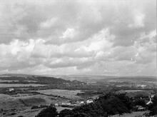 Duffryn Llynvi & Porthcawl Railway. Panorama from Cefn Cribwr ridge. Looking northeast. September 1955 (8). Note: there is no image No 9