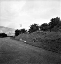 Penydarren Tramroad (Castle Morlais Line).  The approach to Castle Morlais Quarries showing the last section of tramroad, to the right of the telegraph pole.  24th  October 1949 (8)