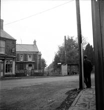 Palleg Tramroad (1). Cwmtyrch. Looking north-east at Gurnos Stores at the junction of Cwmphil Road and Gorof Road. Grid ref. SN 774096. October 1962