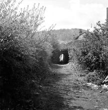 Cwm Nant Ddu  Railroad.  Pontnewynydd (Pomtypool). The line approaching Hanbury Road bridge at the Bridgend Inn. Map Ref. SO.266 016.  May 1964 (2)