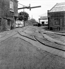 Horsehay Tramroad. Plateway and edge rail tracks inside Horsehay Works.  June 1956
