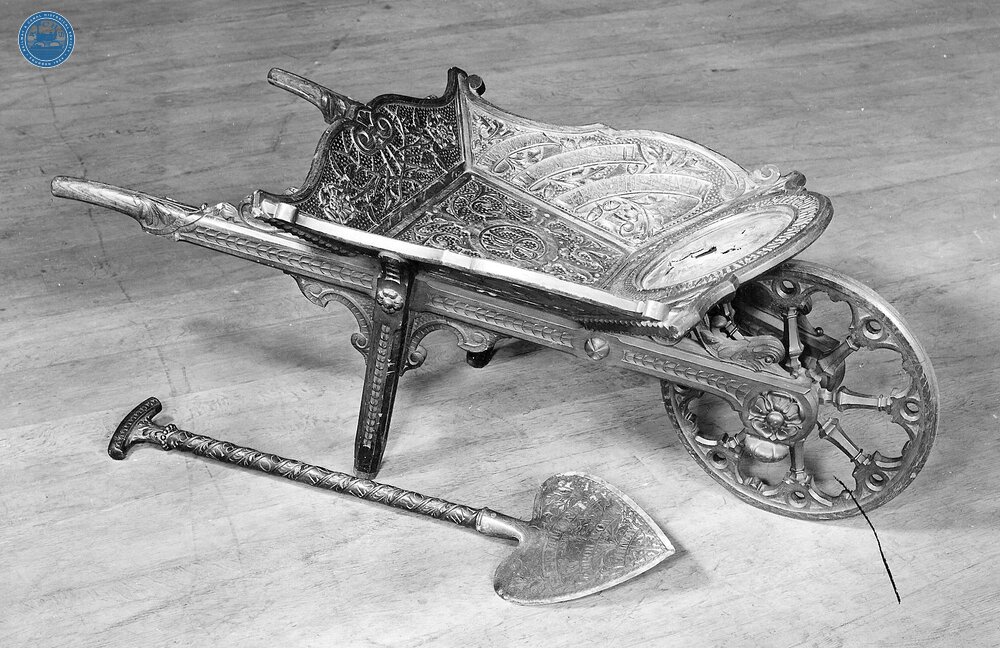  Stratford on Avon Railway. Ceremonial spade and barrow used for cutting the first turf in 1859. (Ref: 031048)