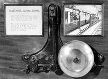 Gong fixed on Broad Gauge engines and worked by a cord hung along eaves of the carriage roofs. The picture, reproduced by from a painting by R B Way, shows method of operation. (Ref: 031669) 