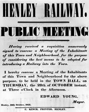 GWR. Notice of Meeting to Get a Railway Built to Henley dated 16th October 1852. (Ref: 031779)