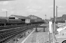 Exeter St David's (MLN1 @ approx 193m 30ch). Class 118 DMU Set P461. 15 September 1979