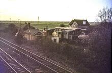 Bleadon & Uphill Station (MLN1 @ 138m 49ch) with ‘museum’ of rusting locomotives. 09 January 1983