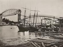 Saltash, Cornwall. Royal Albert Bridge (MLN2 @ 250m 70ch - 251m 23ch). View from the Devon shore during construction