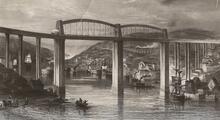 Saltash, Cornwall. Royal Albert Bridge (MLN2 @ 250m 70ch - 251m 23ch). Engraving, looking upstream
