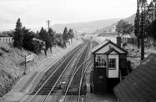 Llanfihangel station (HNL1 @ 18m 62ch) looking South. The Llanfihangel Railway crossed diagonally from left to right on to the site of the siding on extreme right, then diverging. 1958