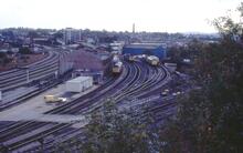 017206  BR diesel electric locos ,Class 47/4 47419, Class 37, Class 31 31113 in old engine shed. Worcester Shrub Hill 17 September 1983 (OWW @ 120m 42ch)