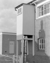 Bramley (BKE @ 46m 41ch) Signal cabin - detail of north west corner - toilet cabin. (Ref: 325216E  C8_8)