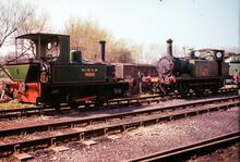 Locos at Rolvenden. No. 12 0-6-0T “Marcia”, & No. 10 0-6-0T “Sutton”. 12 April 1980