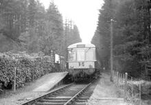 Watergate halt (THJ @ 1m 55ch). Single-car DMU at platform. 1965 (Ref. 325193)