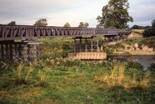 Shropshire & Montgomeryshire Railway. Bridge over the River Severn at approx 3mp, from the south. 23 September 1978