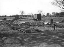 Near Buckminster (Grantham). A new ironstone railway being laid - rails not yet fastened to sleepers. On the Sewstern road. 12 April 1963