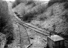 The Pilton Ironstone railway at Pilton Cross Roads, looking east. 14 April 1963