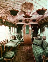 Interior of Queen Victoria's Royal Carriage of 1869, on display at the NRM.