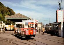 Douglas Horse Tramway. Tram No. 10 at Derby Castle, with Manx Electric Railway cars 61 and 33. 17 July 1965