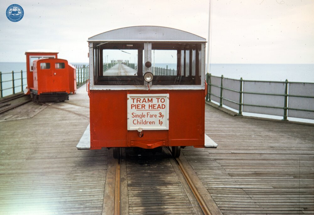 Ramsey Pier Railway, from the entrance, showing the railway rolling stock. 16 August 1971