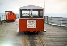 Ramsey Pier Railway, from the entrance, showing the railway rolling stock. 16 August 1971